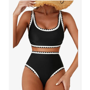 NEW Bikini Set Whip Stitch 2 Pc Swimsuits High Waist Scoop L